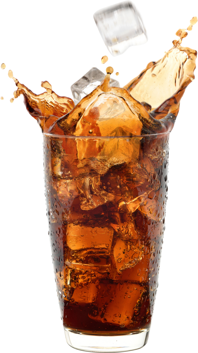 glass cool cola splash with ice falling isolated white background